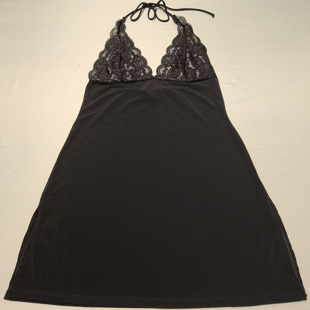 Vintage Victoria's Secret Black‎ Lace Halter Babydoll Chemise Lingerie M